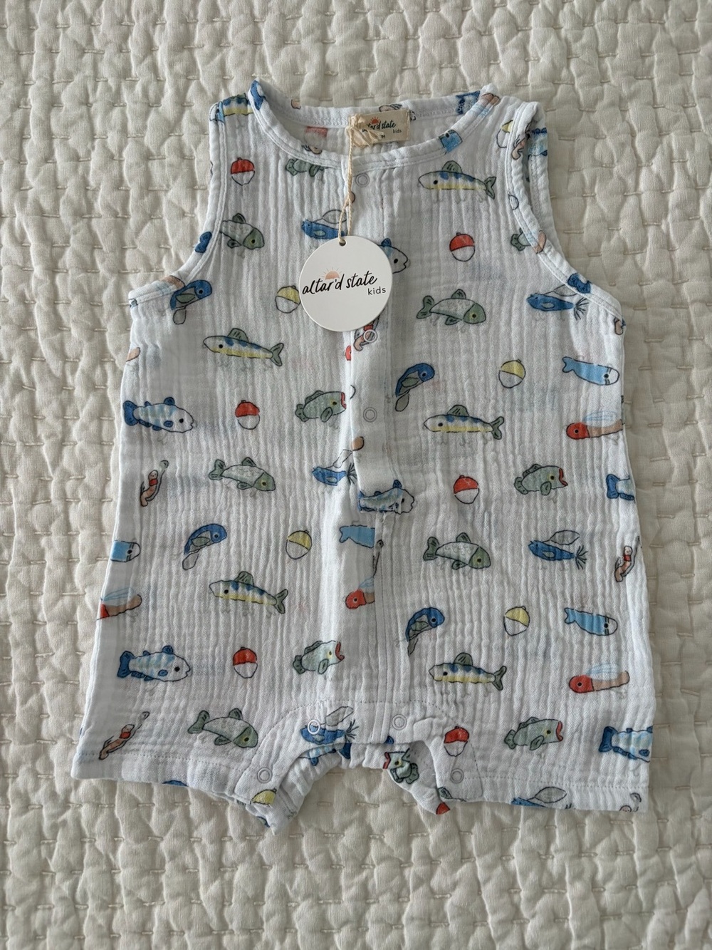 NWT Angel Dear/Altar’d State Kids Organic Cotton Muslin Fishing Tank Romper